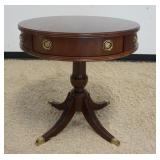 1058	MAHOGANY ONE DRAWER ROUND LAMP TABLE MADE BY HAMMARY, 26 IN X 26 1/4 IN HIGH