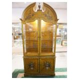 1068	OUTSTANDING PAINT DECORATED 4 DOOR CURIO CABINET W/BEVELED GLASS DOORS, INTERIOR LIGHTS, BIRD &