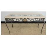 1077	CONSOLE TABLE W/FANCY IRON BASE & INSET GLASS TOP, APPROXIMATELY 50 IN X 18 IN X 27 IN HIGH