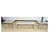 1078	COFFEE TABLE W/2 END TABLES ON FANCY IRON BASES & GLASS INSET TOPS, COFFEE TABLE IS APPROXIMATE