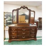 1094	AMERICAN DREW *BOB MACKIE HOME* WALNUT LOW CHEST W/TRIPLE MIRROR TOP, APPROXIMATELY 72 IN X 20 