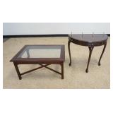 1099	MAHOGANY GLASS TOP COFFEE TABLE & SMALL DEMILUNE W/BRASS GALLERY