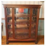 1103	BEAUTIFUL EMPIRE BOW FRONT MAHOGANY CHINA CLOSET WITH CORTHINTIAN COLUMNS, CLAW FEET, MIRROR BA
