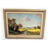 1117	OIL PAINTING ON CANVAS, LANDSCAPE OF FIELDS AND VILLAGE IN DISTANCE, SIGNED HAN KERVER. APPROXI