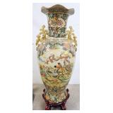 1119	LARGE CONTEMPORARY ROYAL SATSUMA HAND PAINTED FLOOR VASE ON WOOD BASE, DAMAGE TO TOP, APPROXIMA