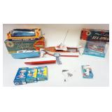 1138	COLLECTION OF MODEL BOATS WITH MOTORS, EVIN RUDE, MERCURY OUTBOARD MOTOR, JOHNSON, ETC. BOXES A