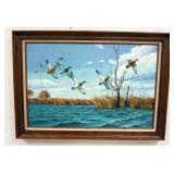 1155	OIL PAINTING ON CANVAS, RON BALABAN, GEESE IN FLIGHT, APPROXIMATELY 30 IN X 42 IN