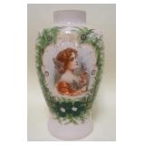 1182	ANTIQUE VICTORIAN HAND PAINTED BRISTOL VASE. 13 IN H 