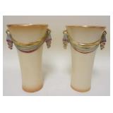 1183	PAIR OF ART DECO POTTERY VASES W/ MULTI COLORED SWAGS & GILT RIMS. APP. 10 IN 