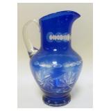 1190	COBALT CUT TO CLEAR WATER PITCHER W/ POLISHED BASE APP. 11 IN H 