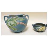 1193	ROSEVILLE POTTERY BLUE BLEEDING HEART 6 1/2 IN POT & ROSEVILLE BLUE FREESIA SUGAR BOWL