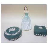1194	ROYAL DOULTON FAYE, 8 3/4 IN & GREEN JASPER WEDGWOOD COVERED BOXES
