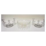 1195	ETCHED CONSOLE BOWL W/ PRISMS APP. 10 1/4 IN X 5 IN H & PAIR OF DOUBLE CANDLESTICKS