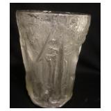 1205	LARGE FROSTED GLASS VASE EMBOSSED W/ TREES ALL AROUND. APP. 10 1/4 IN H 