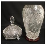 1206	LARGE SEMI CUT GLASS VASE & COVERED DISH. VASE IS APP. 13 1/4 IN H 