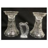 1207	PAIR OF FROSTED GLASS CANDLESTICKS & WATERFORD HARP PAPERWEIGHT. CANDLESTICKS ARE APP. 8 IN H 