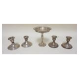 1215	STERLING LOT INCLUDING FOUR WEIGHTED CANDLESTICKS & COMPOTE APP. 6 IN H 