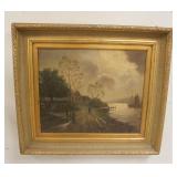 1217	ANTIQUE OIL PAINTING OF A SHORE SCENE OF PEOPLE WALKING DOWN A LANE TO A HOUSE W/ SAILING SHIP 