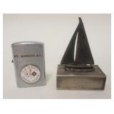 1219	LOT INCLUDING SILVERPLATE MATCHBOOK HOLDER W/ SAILING SHIP & OMEGA LIGHTER FT. GORDONN GA. U.S.