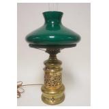1222	VICTORIAN BRASS TABLE LAMP W/PIERCED FLORAL COLUMN & GREEN CASED GLASS SHADE, ELECTRIFIED, APPR