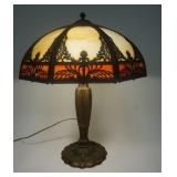 1224	CAST METAL TABLE LAMP W/ROSE & BROWN SLAG GLASS SHADE, APPROXIMATELY 25 IN HIGH