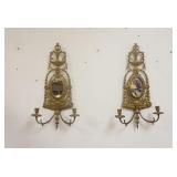 1250	PAIR OF ORNATE HEAVY CAST BRASS WALL CANDLE SCONCES W/MIRROR MEDALION CENTER, APPROXIMATELY 26 