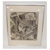 1254	FRAMED ABSTRACT PRINT OF FACELESS BEINGS WALKING ON ENDLESS STEPS & SEATED, APPROXIMATELY 20 1/