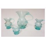 1260	FOUR PIECE LOT OF BLOWN GLASS FROM LIBERTY VILLAGE, THREE PITCHERS & A SMALL BOWL. LARGEST PIEC