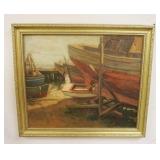 1268	OIL PAINTING ON BOARD HARBOR SCENCE APP. 24 IN X 28 IN HAS SOME PAINT LOSS