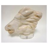 1271	CARVED MARBLE HORSE HEAD ON LUCITE SIGNED. APP. 15 IN X 7 IN X 13 IN H 