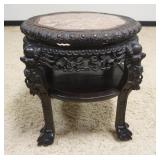 1291	ASIAN HIGHLY CARVED TABLE W/ INSET BROWN MARBLE TOP. APP. 22 IN X 23 IN H 