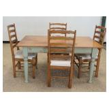 1294	PINE DINING TABLE W/4 LADDER BACK CHAIRS, CHAIR SEATS ARE STAINED, TABLE IS 60 IN X 36 IN X 30 