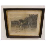 1312	FRAMED SIGNED ETCHING, COLONIAL SOLDIER CLEANS HORSES SHOES W/DOG, A GRAVIER, APPROXIMATELY 32 