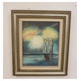 1317	OIL PAINTING ON CANVAS, FIREWORKS OVER SUSPENSION BRIDGE W/BOATS BENEATH, ARTIST SIGNED JEAN B 