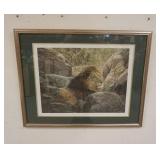 1321	LARGE FRAMED PRINT OF LION SIGNED SIMON COMBES, APPROXIMATELY 30 IN X 37 IN