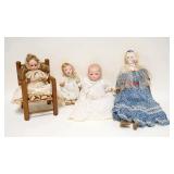 1012	4 SMALLER ANTIQUE SIZE BISQUE HEAD DOLLS, ONE BABY DOLL IS MARKED JAPAN, THE OTHER IS MARKED GE