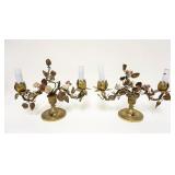 1049	PAIR OF FRENCH BRONZE BASED ELECTRIC CANDELABRUM W/PORCELAIN FLOWERS, LOSSES TO EACH, APPROXIMA