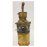 1055	HEAVY BRASS LANTERN POSSIBLY NAUTICAL, WOOD HANDLE, MISSING BURNER, APPROXIMATELY 17 IN HIGH