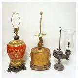 1060	GROUP OF 3 ASSORTED TABLE LAMPS, ONE SILVERPLATE IN THE SHAPE OF AN ADJUSTABLE ANTIQUE OIL LAMP