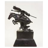 1074	DECORATIVE CAST METAL INDIAN WARRIOR ON MARBLE BASE, APPROXIMATELY 4 IN X 7 IN X 11 IN HIGH