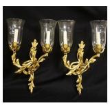 1088	PAIR OF BRASS DOUBLE CANDLE WALL SCONCES W/HURRICANE SHADES, APPROXIMATELY 20 IN
