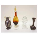 1093	GROUP OF ASSORTED BLOWN GLASS VASES & BOTTLE W/STOPPER, CLEAR GLASS PINEAPPLE PAPERWEIGHT, TALL