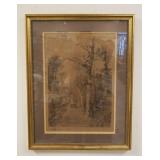 1099	FRAMED & MATTED ENGRAVING OF WOMAN & CHILD WALKING DOWN COUNTRY ROAD SIGNED, APPROXIMATELY 24 1