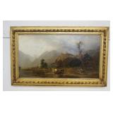 1100	ANTIQUE OIL PAINTING ON CANVAS DEPICTING HORSES ALONG WATER IN FRONT OF MOUNTAIN, APPROXIMATELY