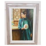 1102	LARGE FRAMED OIL ON CANVAS, PAINTING OF ASAIN GIRL HOLDING FAN, APPROXIMATELY 35 1/4 IN X 48 IN