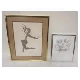 1103	2 FRAMED PIECES OF ARTWORK BY TOM VINCENT, MALE DANCER & MULTIPLE FACES, LARGEST IS APPROXIMATE