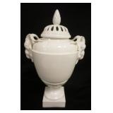 1109	KPM PORCELAIN BOLTED COVERED URN W/RAM HEADS, APPROXIMATELY 14 IN HIGH