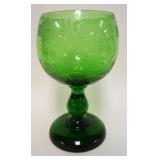 1112	LARGE GREEN WHEEL CUT CHALICE W/SOLID HEAVY GLASS BASE, APPROXIMATELY 10 1/4 IN HIGH