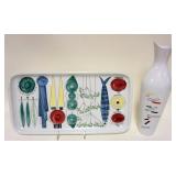 1128	MIDCENTURY MODERN POTTERY LOT, SWEDISH TRAY, *PICKNICK*, & ROSENTHALL VASE, TRAY IS APPROXIMATE