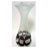 1130	BOHEMIAN ART GLASS STRIPED IREDESCENT FLAIVEL VASE W/AMETHYST CLAM BOTTOM, SIGNED ON BOTTOM, AP